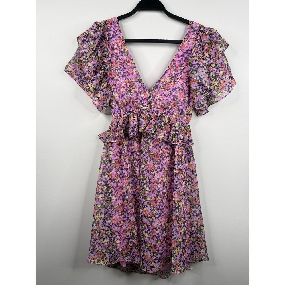 All In Favor Womens S Purple Floral Mini Dress Ruffle‎ Flutter Sleeve Open Back